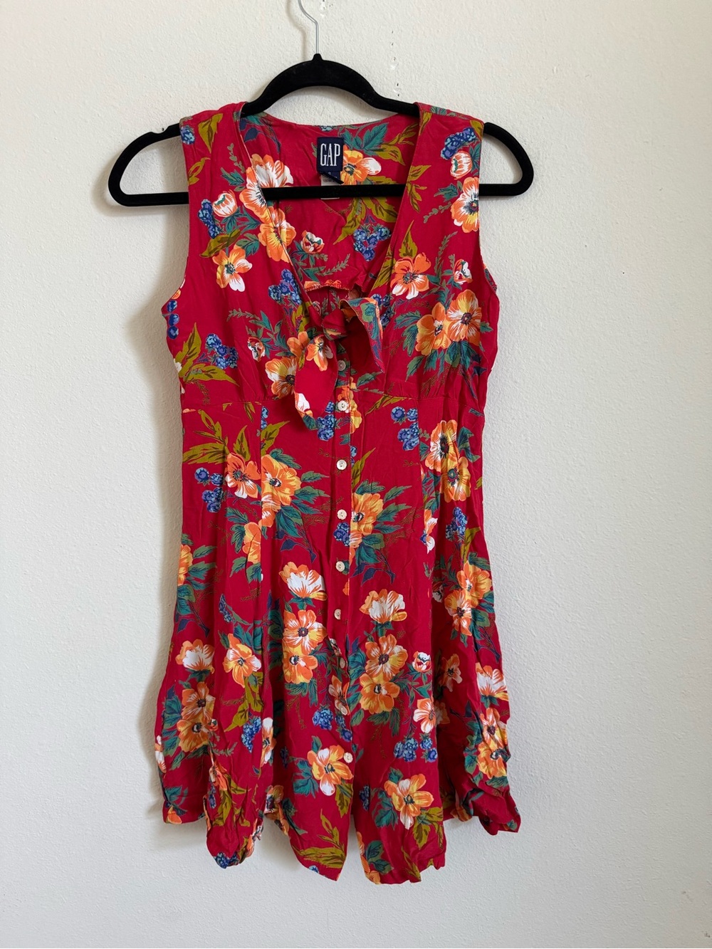 Vintage 90s GAP Red Floral Tropical Button Up Mini Dress S